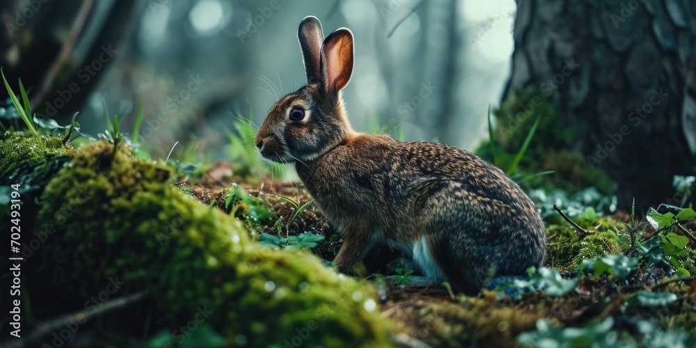 Poster a rabbit sitting in the middle of a forest. perfect for nature and wildlife enthusiasts