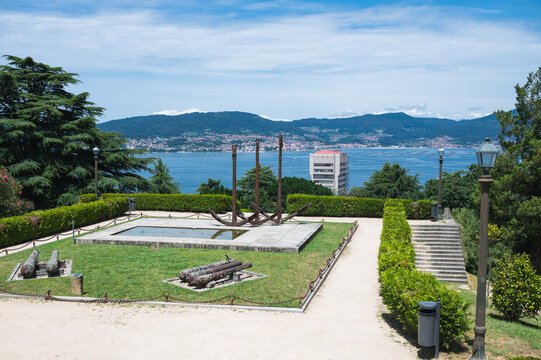 View from the hill in Parque Monte del Castro, park on a hill in Vigo, the biggest city in Galicia, North Spain. View of the sea, giant anchors monument, the work of the artist Desiderio Pernas