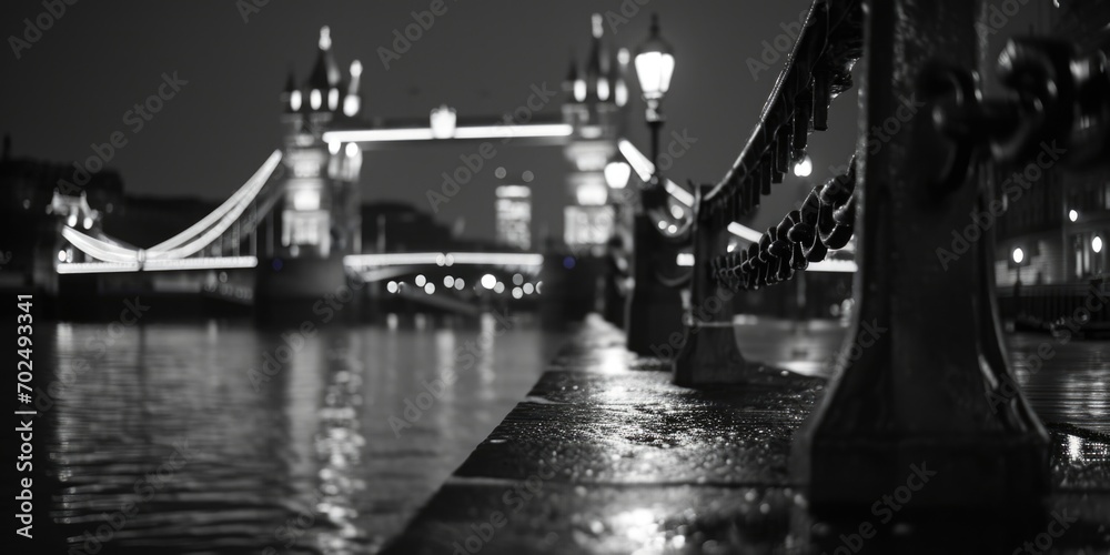 Poster a black and white photo of a bridge at night. perfect for adding a touch of elegance and mystery to 