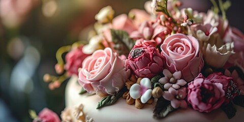 A close up view of a cake with beautiful flowers on top. Perfect for any celebration or special occasion