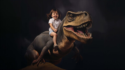 young girl having fun while riding on a dinosaur