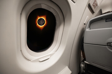 A solar eclipse looking through the window of an airplane