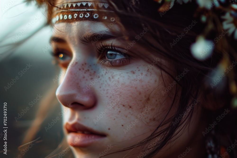 Poster a close-up shot of a woman with freckles on her head. this image can be used to depict natural beaut