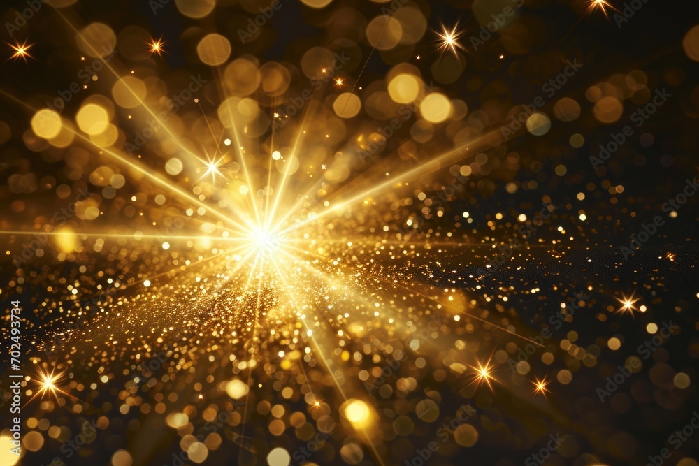 Poster A shining golden starburst illuminating a dark black background. Ideal for adding a burst of light and energy to any design