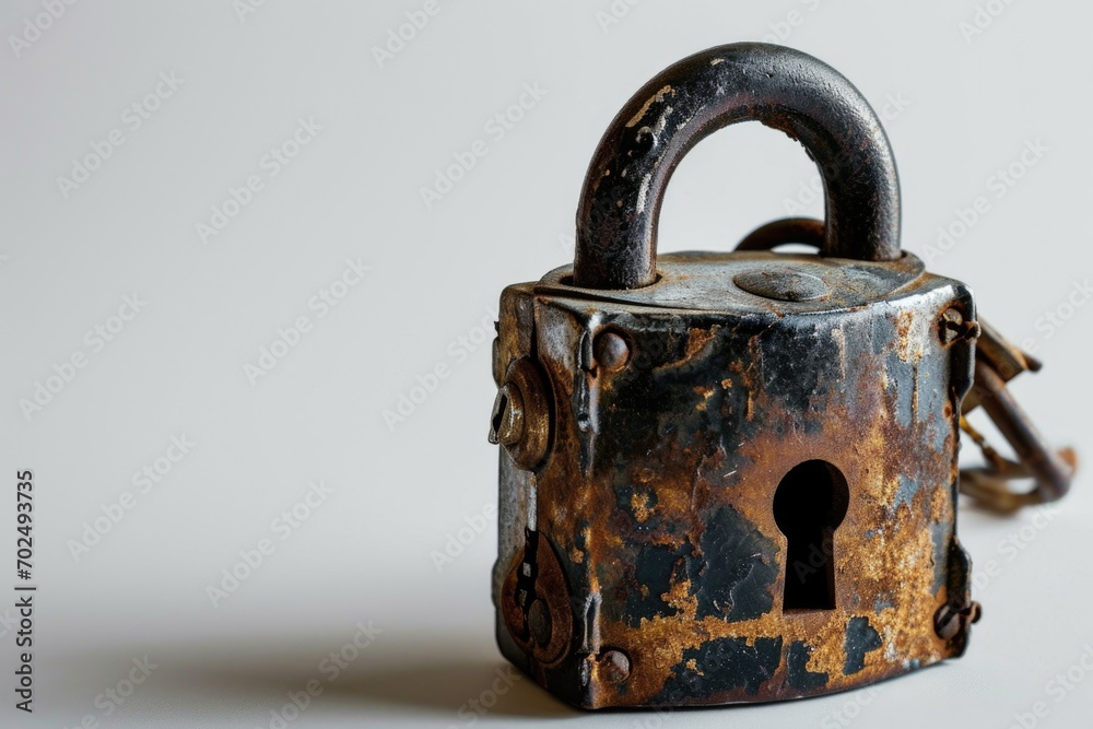 Poster An old padlock with a key attached to a chain. This image can be used to represent security, protection, or the concept of locking something away