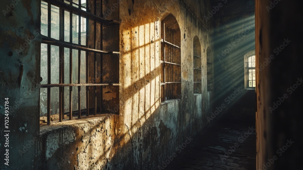 Poster sunlight shines through the bars of an old jail cell window. this image can be used to depict confin