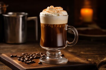 Experience the warmth of Ireland with a glass of traditional Irish coffee, served on a wooden table in an old pub
