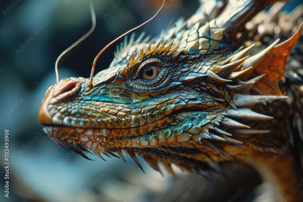 Poster A detailed close-up of a lizard's head with a blurry background. This image can be used to showcase the intricate features of reptiles or to depict wildlife in its natural habitat