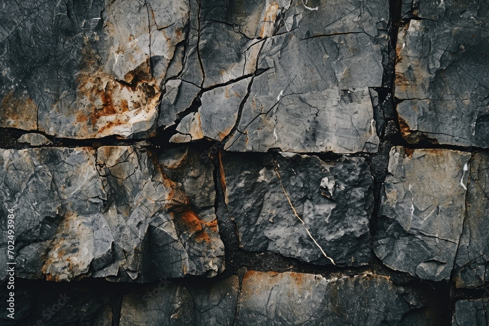 Aufkleber A close up view of a stone wall with visible cracks. This image can be used to depict the concept of decay, aging, or deterioration.