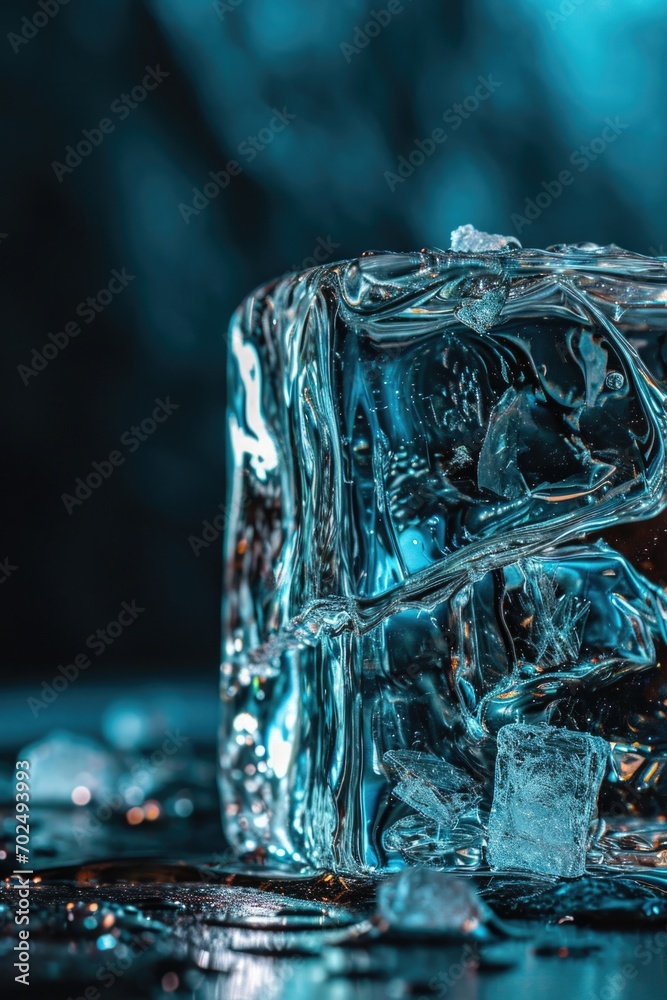 Poster A block of ice sitting on top of a table. Can be used for concepts related to cold, melting, or cooling