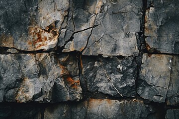 A close up view of a stone wall with visible cracks. This image can be used to depict the concept of decay, aging, or deterioration.