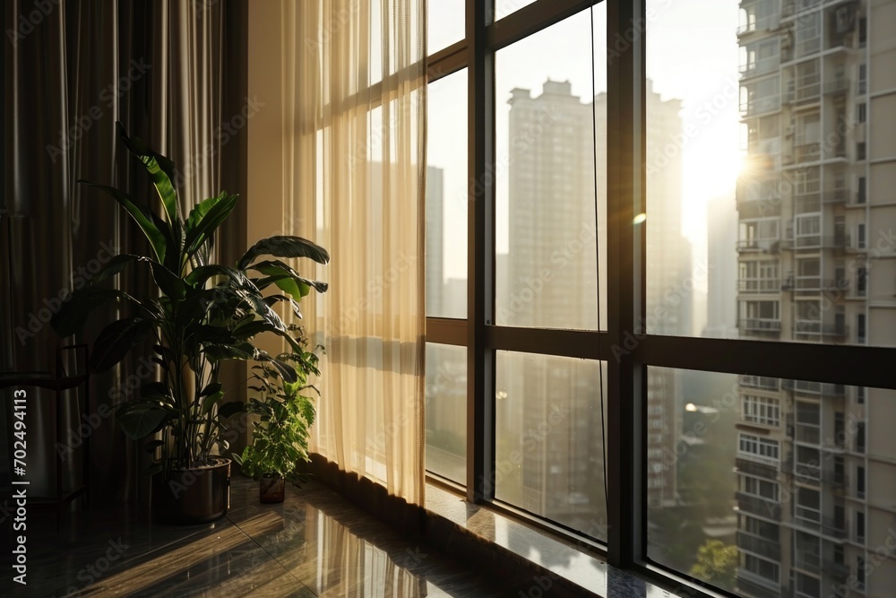 Poster a plant is placed in front of a window, with a tall building in the background. this image can be us