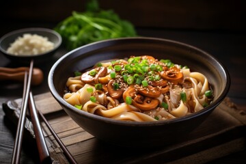 Experience the taste of Japan with this hot bowl of Udon noodles, garnished with green onions and accompanied by soy sauce