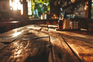 A wooden table topped with bottles of various types of alcohol. Perfect for showcasing a collection or setting the mood for a party. - obrazy, fototapety, plakaty
