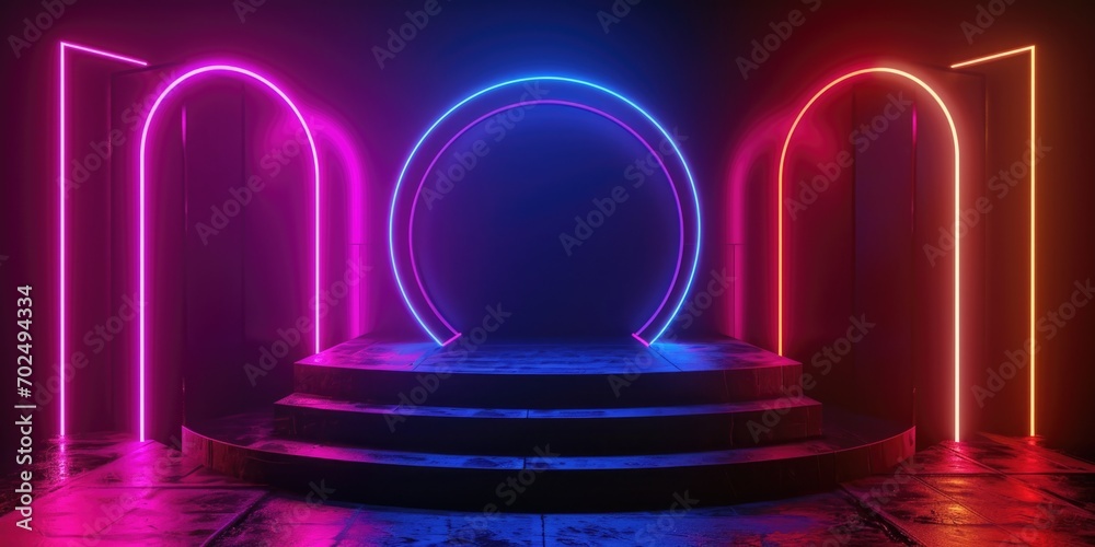 Poster Neon lights illuminating a set of steps in a dark room. Perfect for adding a modern and vibrant touch to any design project.