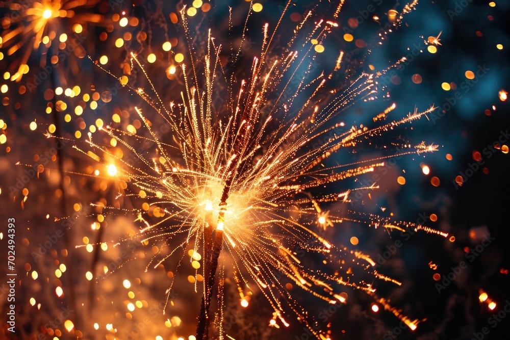 Poster A close up photograph of a sparkler illuminating the darkness. Suitable for various occasions and celebrations