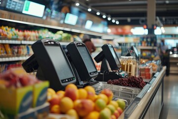 A cash register in a grocery store filled with a variety of fresh fruits and vegetables. Perfect for illustrating the concept of healthy eating and shopping for fresh produce - obrazy, fototapety, plakaty