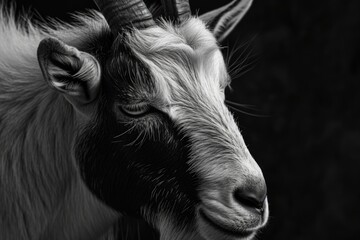A black and white photo of a goat. Suitable for various uses