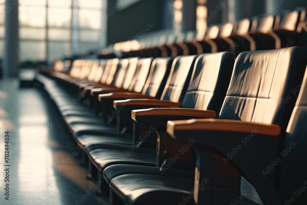 Poster a row of empty seats in an airport. can be used to depict a quiet airport, travel restrictions, or w
