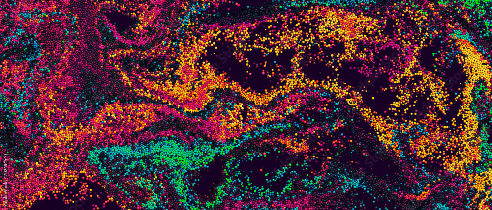 Wall mural colorful gradient dots randomly flowing and swirling in liquid stream. chaotic motion of small color