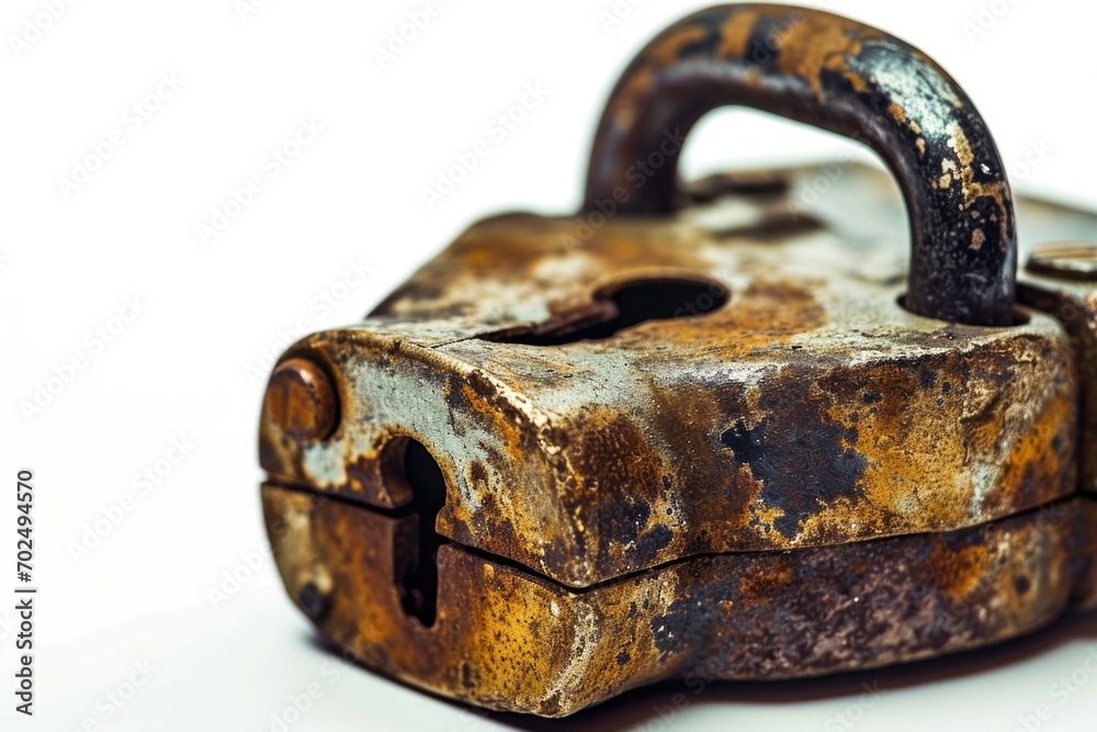 Poster a rusty padlock sitting on a white surface. this image can be used to represent security, protection