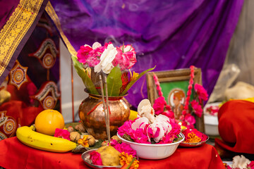 Naklejka na ściany i meble Indian Hindu wedding pooja ceremony ritual items close up