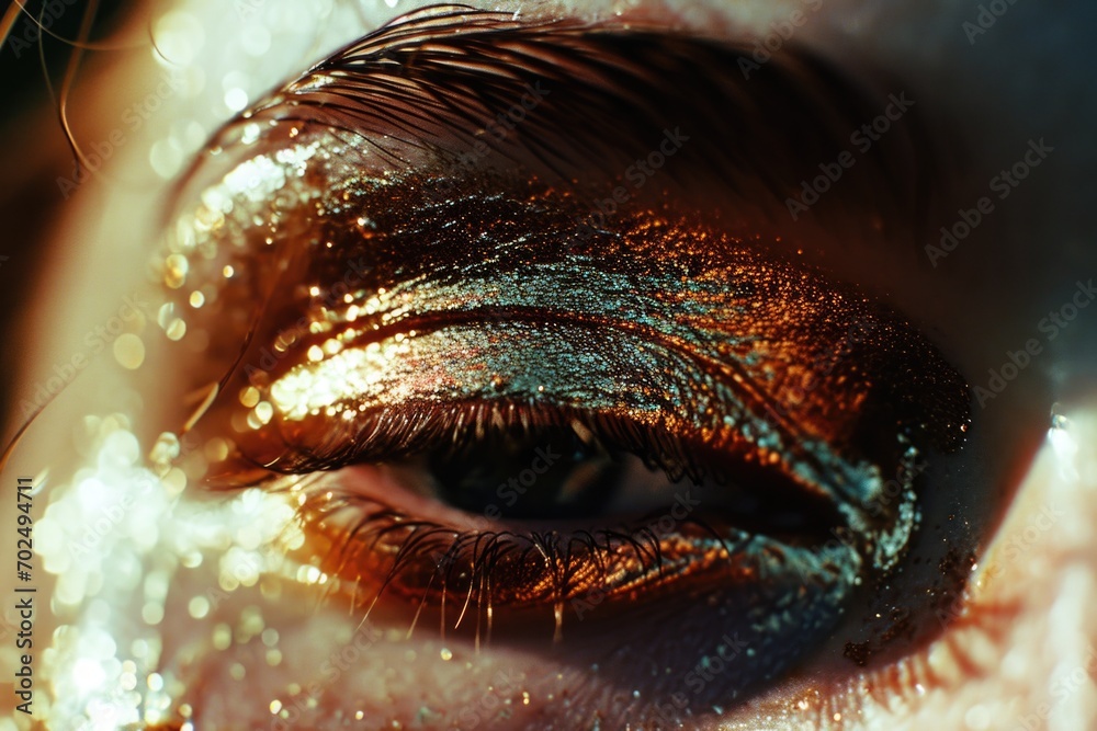 Poster A close-up view of a person's eye with sparkling glitter. Perfect for adding a touch of glamour and sparkle to any project