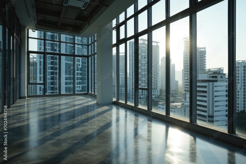 Poster An empty room with a view of a city. Perfect for showcasing urban landscapes or creating a sense of space and solitude in interior design projects