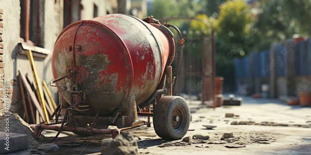 Poster cement mixer parked on the side of a building. ideal for construction or architecture-related projec