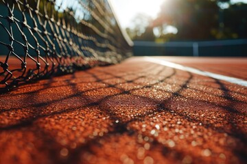 A detailed close-up of a tennis court net. This image can be used to showcase the equipment and set-up of a tennis court