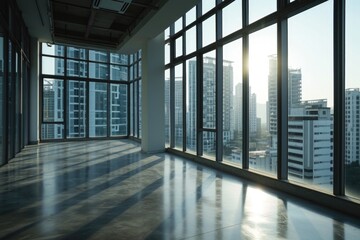 An empty room with a view of a city. Perfect for showcasing urban landscapes or creating a sense of...