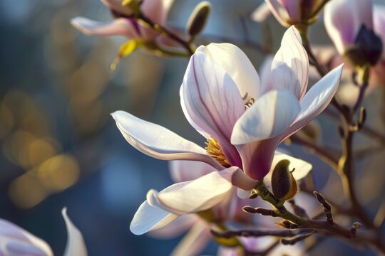 A close up view of a flower on a tree. This image can be used to depict nature, beauty, or springtime