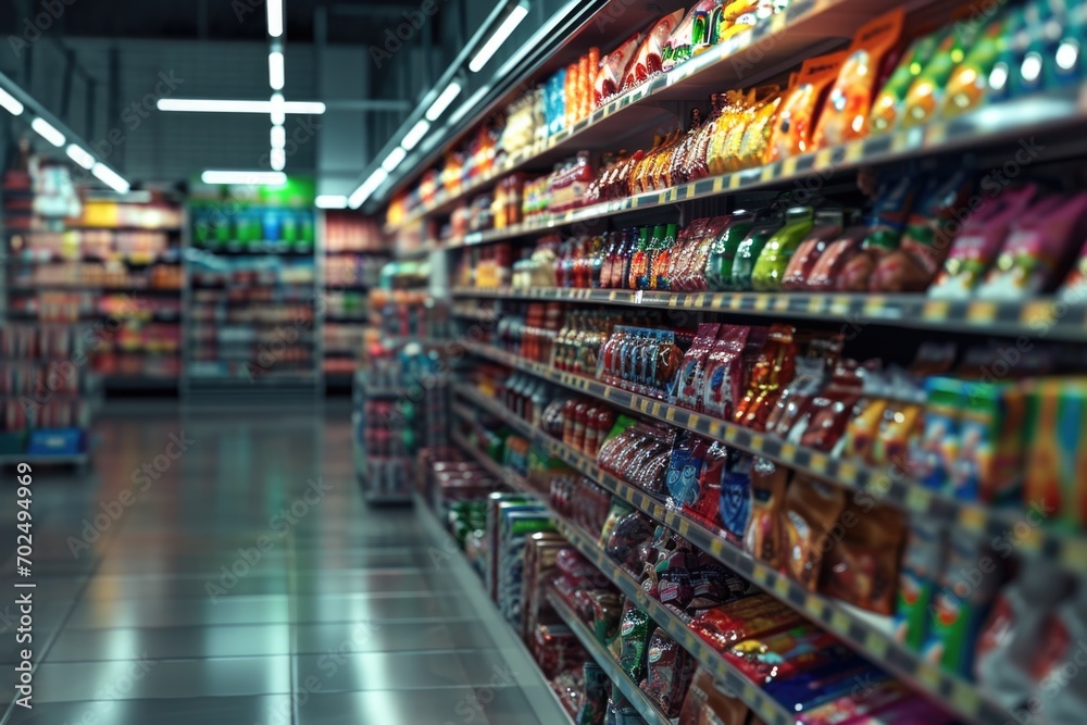 Poster a busy grocery store aisle filled with a wide selection of food items. perfect for showcasing the ab