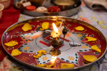 Indian Hindu wedding pooja ceremony ritual items close up