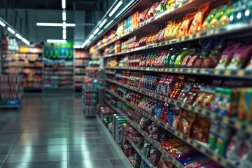 A busy grocery store aisle filled with a wide selection of food items. Perfect for showcasing the abundance and variety of products available in a supermarket. - obrazy, fototapety, plakaty