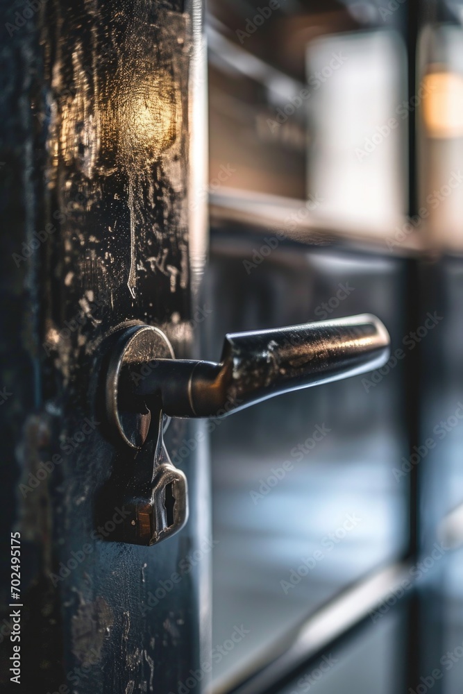 Poster a detailed view of a metal door handle. this image can be used to showcase modern design, security, 