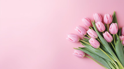 Bouquet of pink tulips on a pink background with copy space