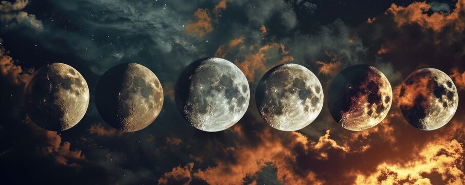 Banner or screensaver in the form of moon phases. AI generative.