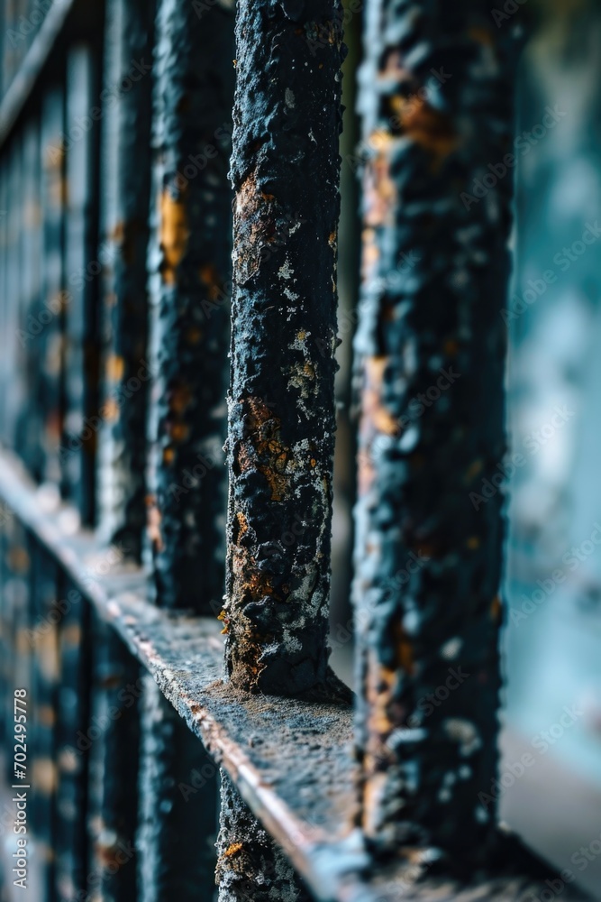 Poster A detailed close-up shot of a metal fence with rust. Perfect for adding a gritty texture to your designs or illustrating decay and abandonment