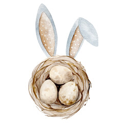 Hand-Painted Watercolor Image Shows Easter Bunny Ears Peeking Out From A Nest With Eggs