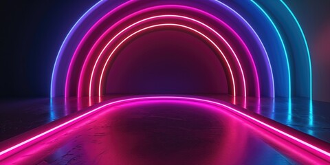 A visually striking image of a tunnel illuminated by vibrant neon lights in a dark room. This picture can be used to create a mysterious and futuristic atmosphere