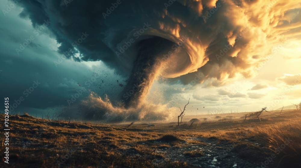 Poster a massive tornado cloud emerging from a wide open field. perfect for weather-related articles or dis
