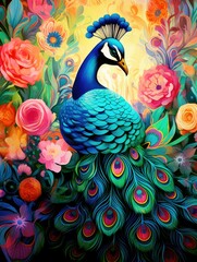 Fototapeta premium A beautiful colourful peacock among the flowers in the garden
