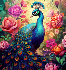 Fototapeta premium A beautiful colourful peacock among the flowers in the garden