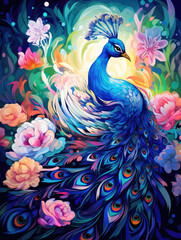 Obraz premium A beautiful colourful peacock among the flowers in the garden