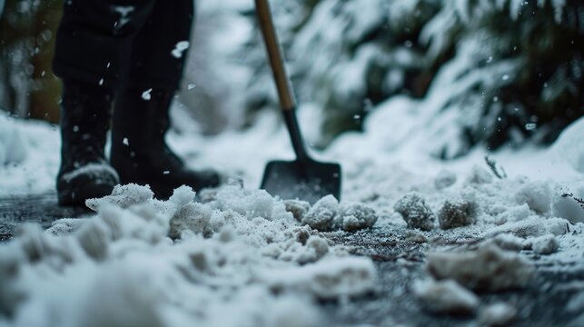 A person is shown using a snow shovel to clear snow. This image can be used to illustrate winter activities or snow removal.