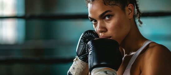 Young female boxer preparing for training by wrapping hands in changing room. - Powered by Adobe