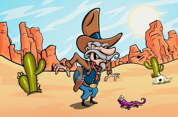 Old and Blind Cartoon Cowboy Ready to Duel in the Desert in this Comic Scene