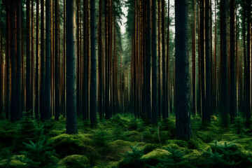 Obraz premium A thick coniferous forest reveals tightly packed vertical spaces amidst the evergreen tree trunks.