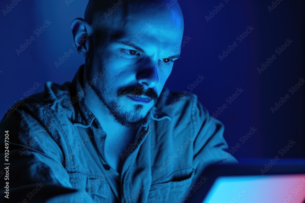 Aufkleber a man is focused on his laptop computer, working or browsing the internet. this image can be used to